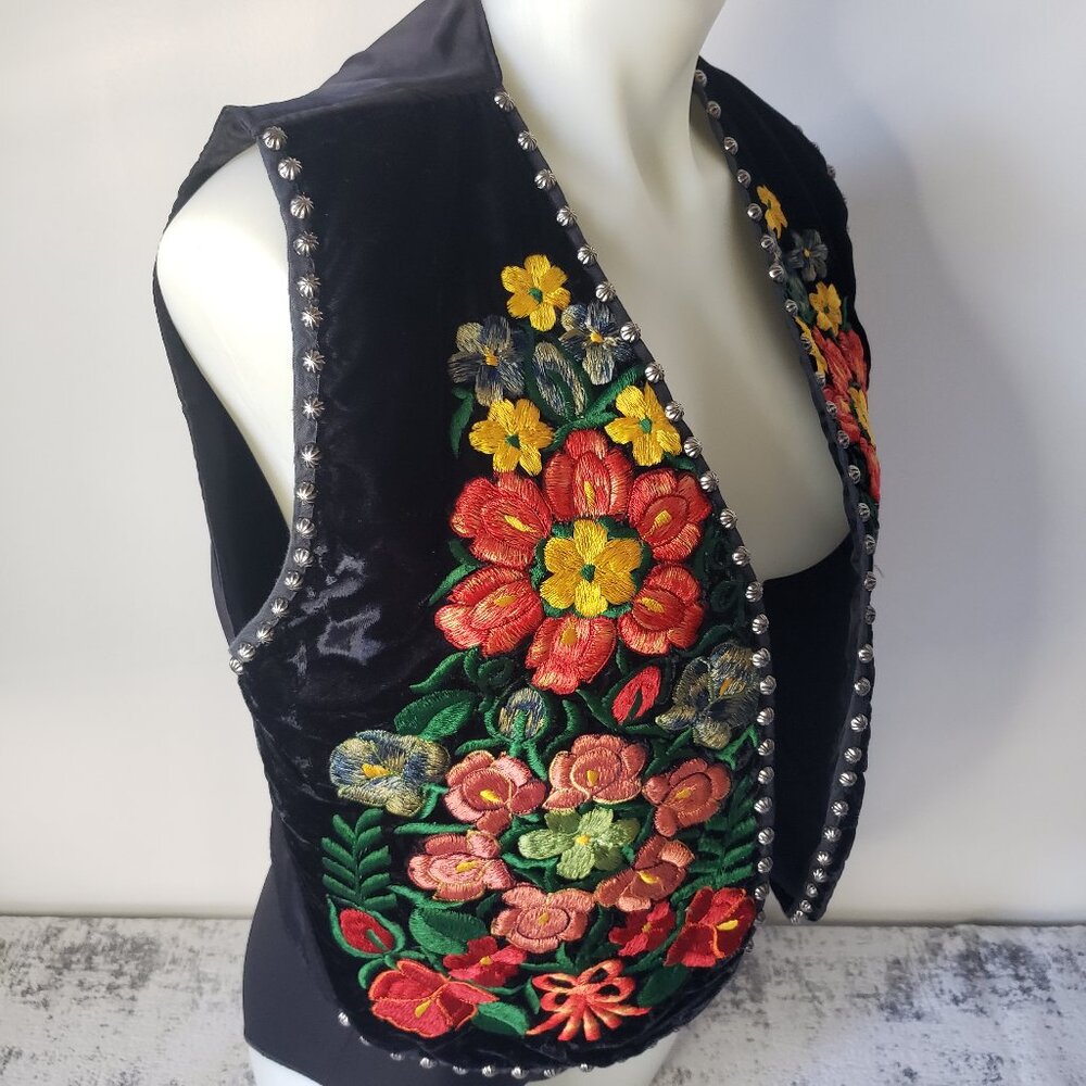 Floral Red Green Bohemian Boho Embroidered Lined Vest with metal stud buttons